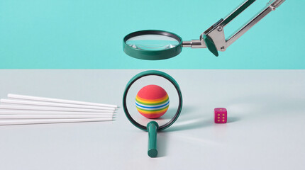 Fototapeta premium Conceptual still life featuring two magnifying glasses focusing on a small rainbow-colored ball, accompanied by a pink die and white sticks against a clean teal and white minimalist background.