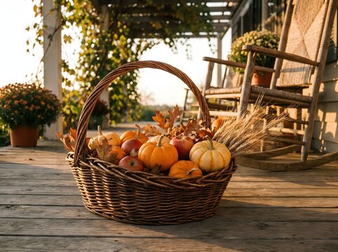 Autumn harvest basket overflowing with pumpkins and gourds on a porch