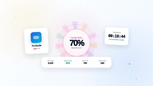 Dynamic digital flash sale interface animation showing interactive product discounts, countdown timers, and live shopping data metrics on motion video