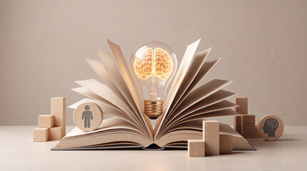 Fototapeta premium Conceptual 3D Illustration of a Glowing Light Bulb with a Human Brain Inside Emerging from an Open Book, Representing Education, Creative Thinking, Innovation, and Mental Potential Growth