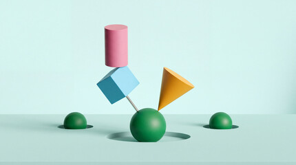 Fototapeta premium Minimalist 3D Illustration of Balancing Colorful Geometric Shapes Including a Pink Cylinder, Blue Cube, and Yellow Cone on a Green Sphere, Representing Balance, Stability, and Creative Composition.