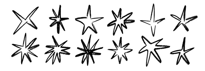 Plakat Hand drawn sparkle shape set. Black brush stroke star sketch collection. Vector abstract magic spark shine pack. Kid crayon twinkle asterisk doodle bundle for sticker, collage, poster, sticker, label