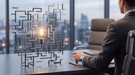 Fototapeta premium Businessman in a Suit Sitting at a Modern Office Desk with a Glowing Lightbulb Inside a Complex Metallic Maze Sculpture, Symbolizing Innovation, Creative Problem Solving, and Business Strategy