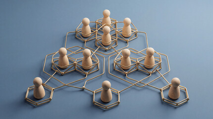 Fototapeta premium Conceptual Networking and Corporate Hierarchy Representation with Wooden Human Peg Figures Connected by Golden Wire Geometric Structures on a Blue Studio Background