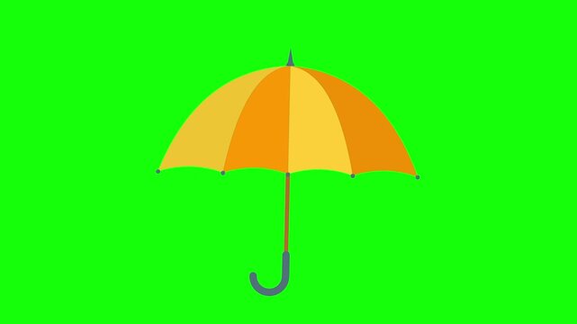 Animated orange and yellow striped umbrella opens and closes on a solid green screen for chroma key compositing.