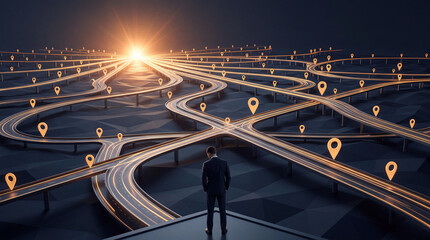 Fototapeta premium Businessman Standing on Edge Looking at Complex Network of Glowing Roads and GPS Map Location Pins Toward Bright Sun, Conceptual Strategy, Global Logistics, and Career Direction Visualization
