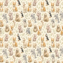 Fototapeta premium Seamless wrapping paper pattern dense cute corgi sloth hippo dolphin goat puffin with tiny leaves cream background soft painterly