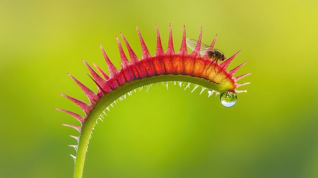 flytrap. A Venus flytrap's red interior with dewdrops attracts a fly against a green background. gardening catalogs, home-decor guides, designed for home decor and floral branding, celebrates nature.