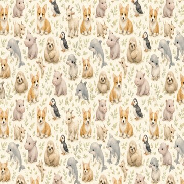 Seamless wrapping paper pattern dense cute corgi sloth hippo dolphin goat puffin with tiny leaves cream background soft painterly