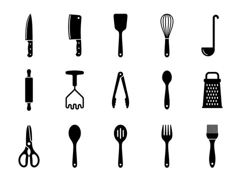 Set of black kitchen utensil icons for cooking and baking