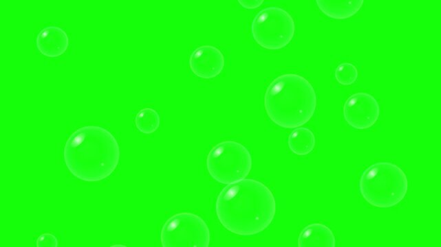 Clear, transparent bubbles of varying sizes float gently upwards on a bright green screen background.