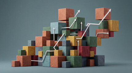 Fototapeta premium Abstract 3D illustration of stacked colorful stone cubes with white glowing arrows pointing upwards, symbolizing business growth, strategic success, financial progress, and complex data development
