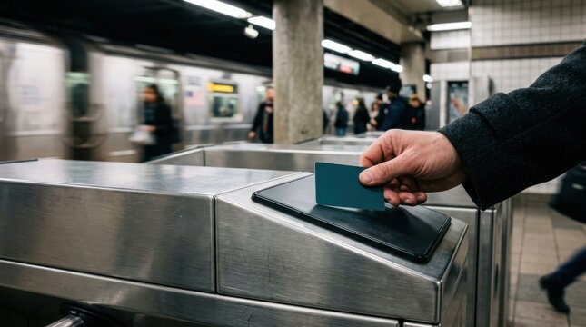 A commuter using a smart card at a subway station turnstile to pay for public transit