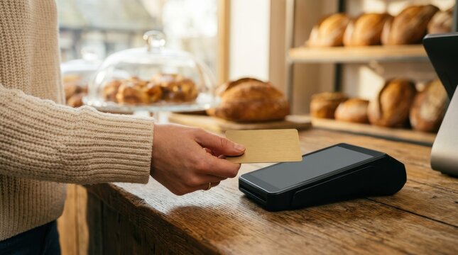Customer making contactless payment with a credit card at a local bakery counter with fresh bread