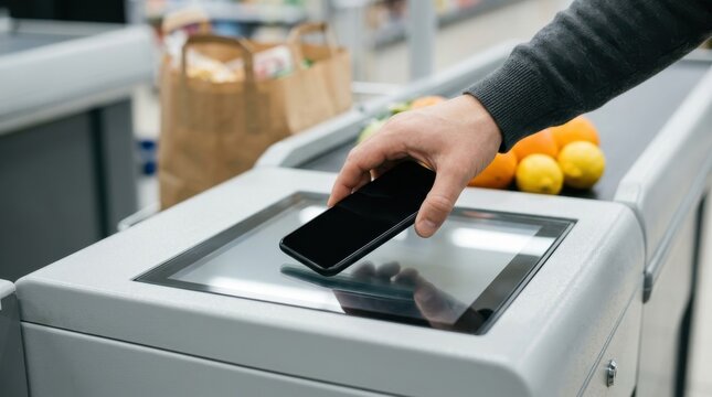 Customer using a smartphone for contactless mobile payment at a supermarket checkout counter