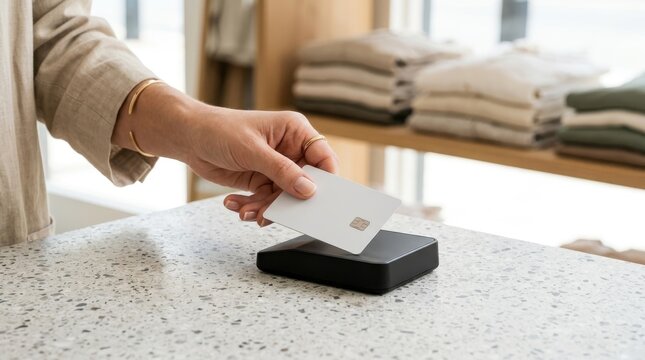 Woman making a contactless payment with a credit card at a retail store checkout counter