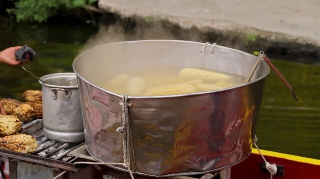 Boiling Corn On Trajinera In Xochimilco Canals