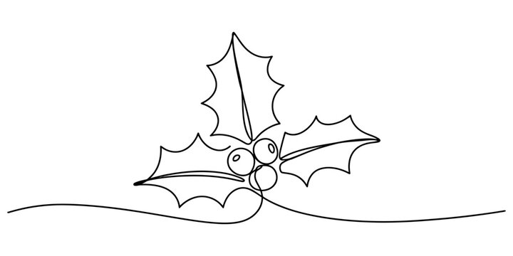 Continuous single line drawing of a christmas holly leaf and berries