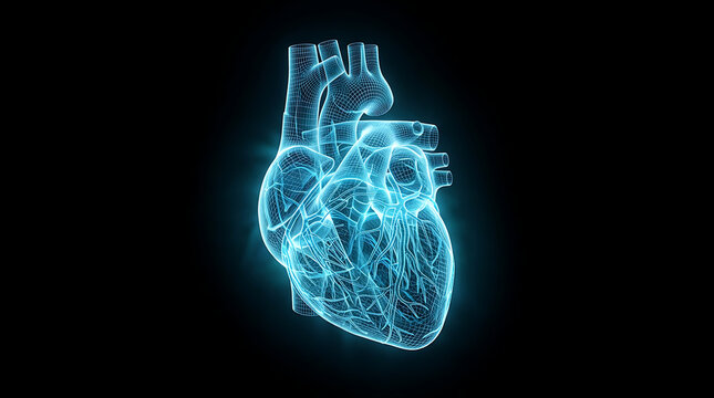 Digital wireframe illustration of a human heart