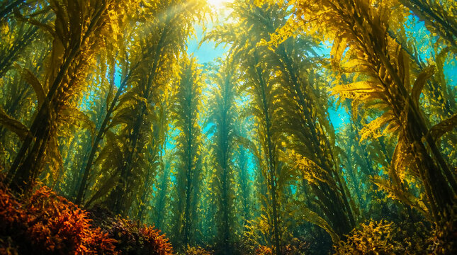 Underwater Kelp Forest with Sunlight Beams Filtering Through the Ocean Water and Vibrant Marine Ecosystem Background