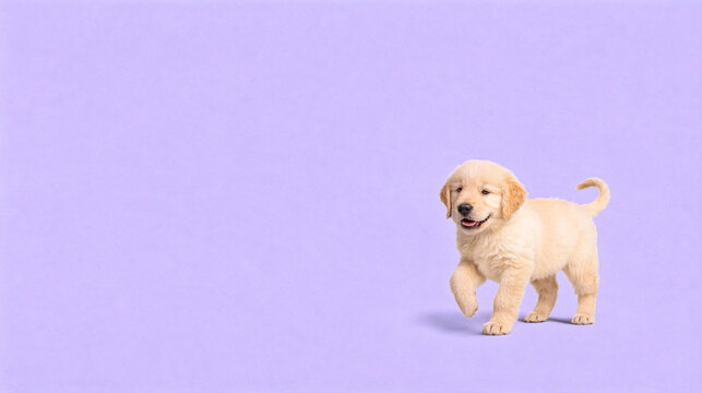 Happy Golden Retriever puppy walking on light purple backdrop