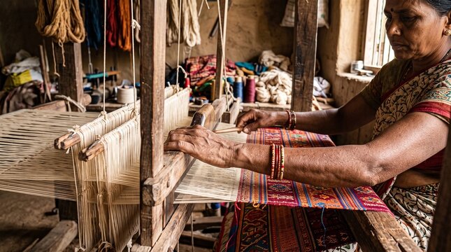 Indian woman weaving traditional fabric on wooden handloom machine.