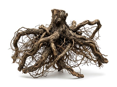 Old dry tree root with twisted brown branches