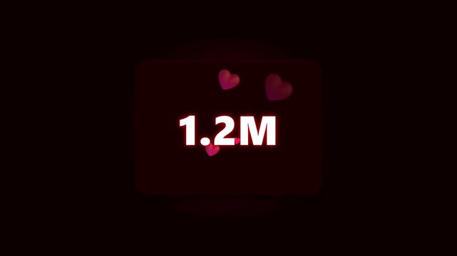 Glowing 1.2M follower counter with red heart icons on dark red background for social media milestone achievement