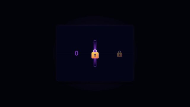 Futuristic cyber security interface featuring binary code digits and a padlock icon in a glowing neon violet theme