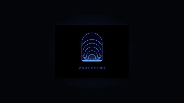 Blue glowing biometric fingerprint scan interface with verifying text on a dark background for digital security