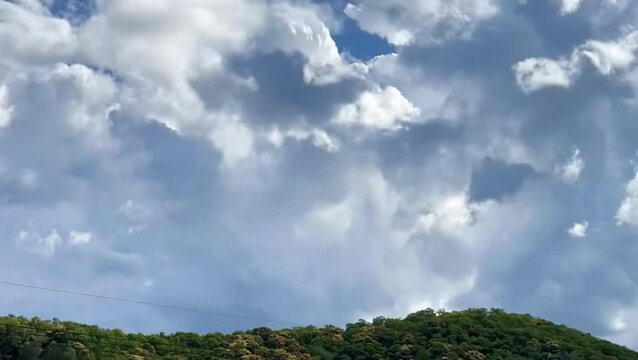 A daytime outdoor shot displaying massive, textured white cumulus clouds towering over a dense green forest covering rolling hills.