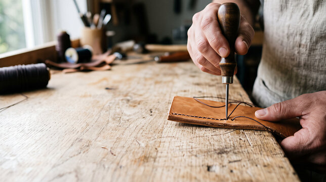 Artisan stitching leather with awl and thread
