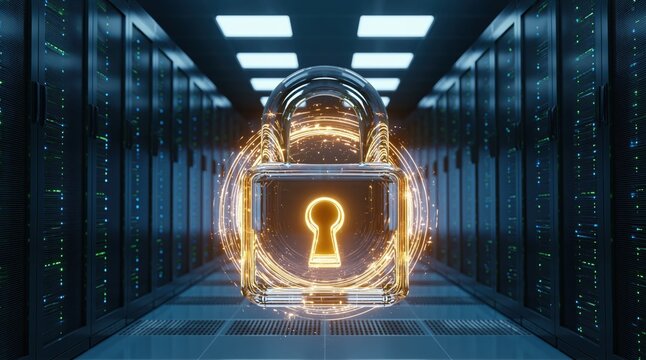 Security digital padlock floating in a modern server room for data protection and cybersecurity network encryption