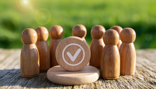 Team work and consensus represented by wooden peg figures and a checkmark symbol for business success and unity