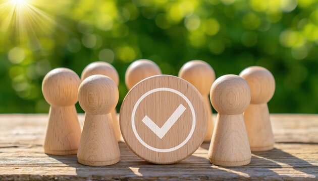 Wooden pawns figurines with a check mark symbol representing consensus agreement team work unity leadership choice
