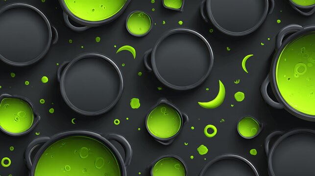 Top view of witch cauldrons filled with glowing green potion and bubbles, 3d dark halloween background overlay with magical slime