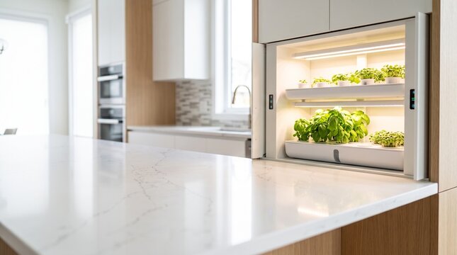 Built in smart kitchen cabinet with mini hydroponic herb garden under warm LED light