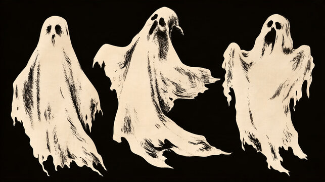 Set of vintage hand drawn spooky ghosts on black background for Halloween