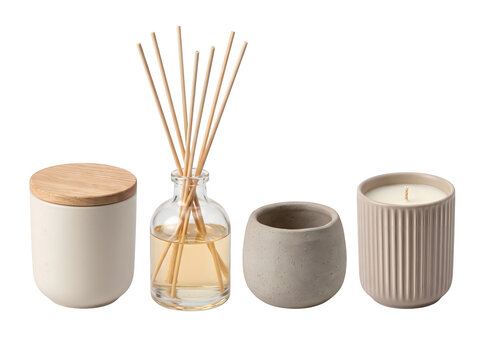 Aromatic reed diffuser and concrete candles on a dark background for home fragrance and wellness
