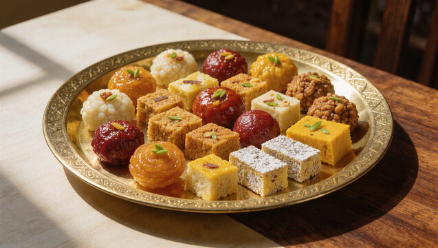 Assorted Indian Sweets Mithai on Brass Plate for Diwali