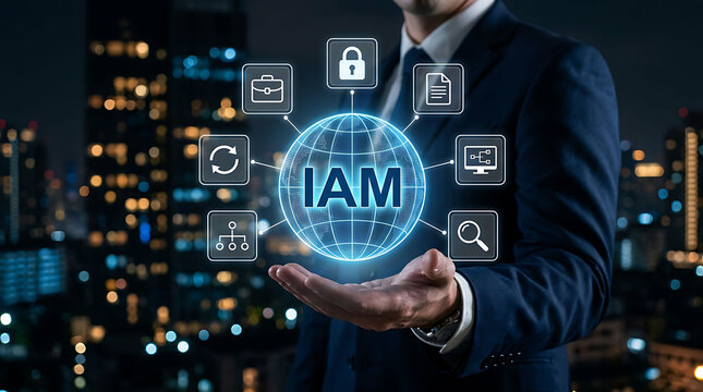 Businessman holding glowing globe with IAM cyber security and business icons