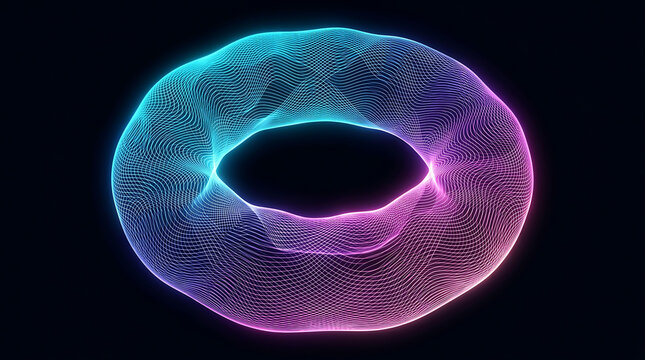 Neon wireframe torus 3D digital futuristic technology glowing cyber shape
