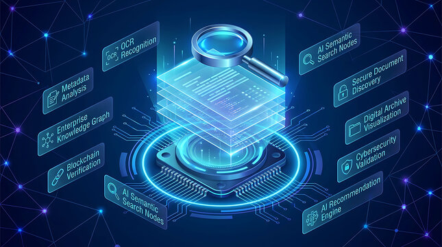 Abstract digital data analysis concept with futuristic documents and magnifying glass
