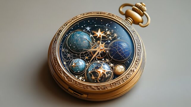 Close-up of vintage pocket watch with celestial globe design and starry sky background