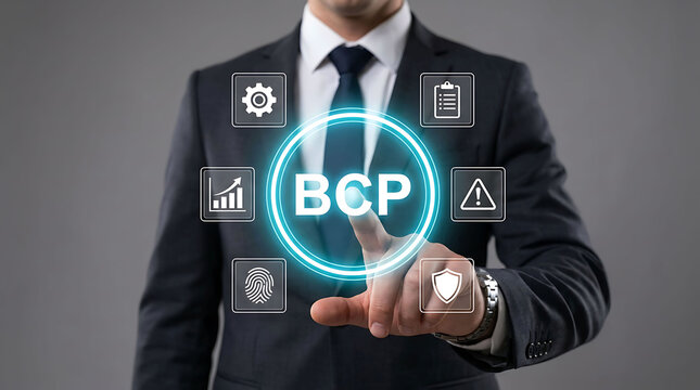 Businessman pressing BCP business continuity plan button on virtual interface