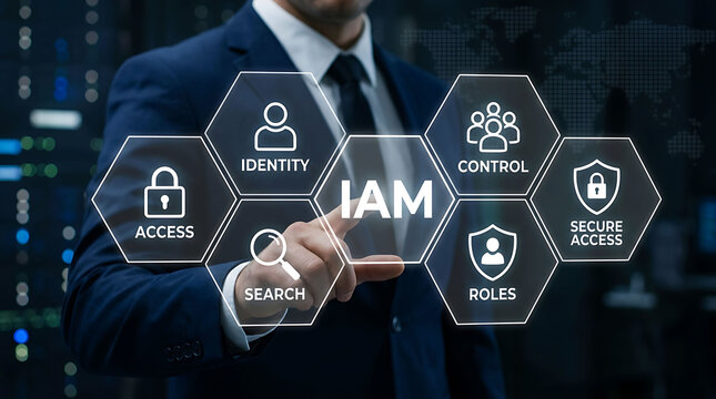 Businessman interacting with digital IAM identity and access management system