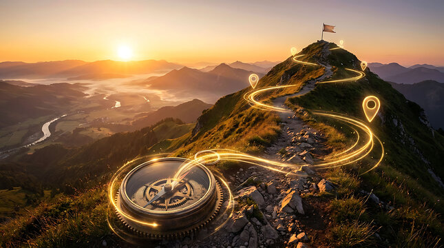 Compass guiding a digital path to mountain summit peak at sunrise adventure