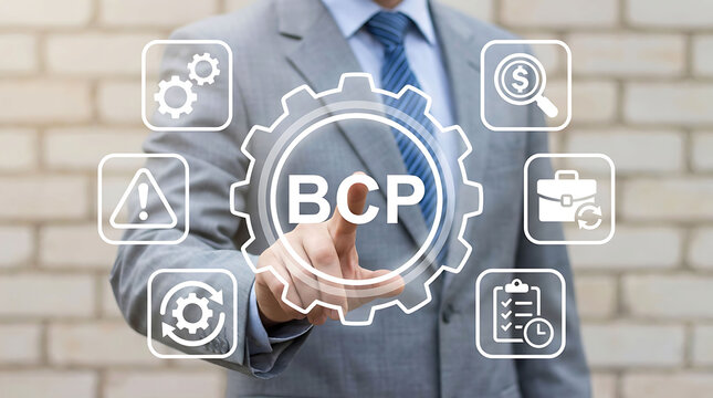 Businessman touching BCP business continuity plan digital interface screen