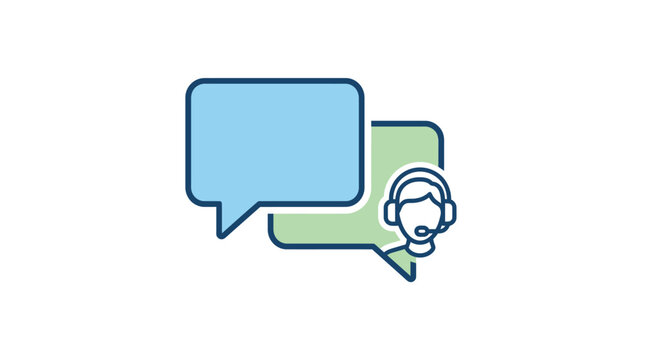 Customer service representative icon displaying blue and green speech bubbles with a headset silhouette for business communication websites showing professional support and online help chat interface