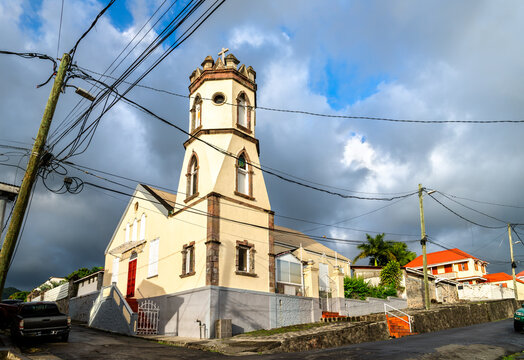 Exterior view of Bethesda Methodist Church with its distinctive tower located on Virgin Lane in Roseau, Dominica.